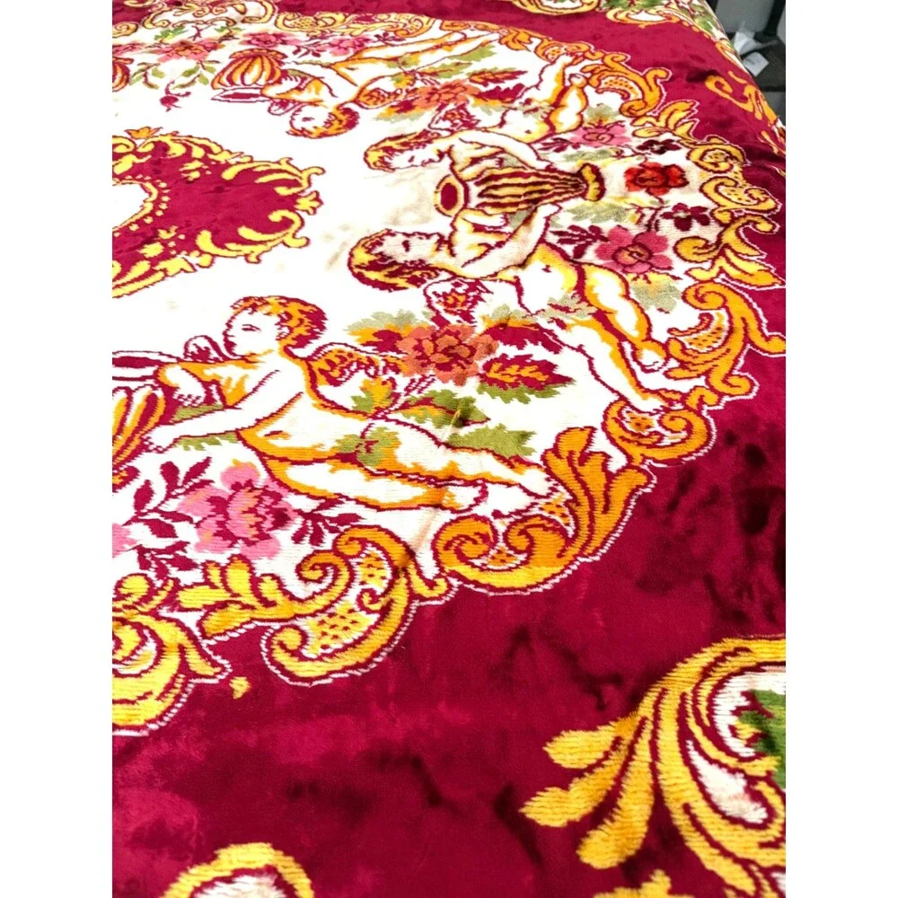 Vtg Velvet Italian Wedding Bedspread QUEEN Cherubs Red Cream 84x96” Fringe MINT